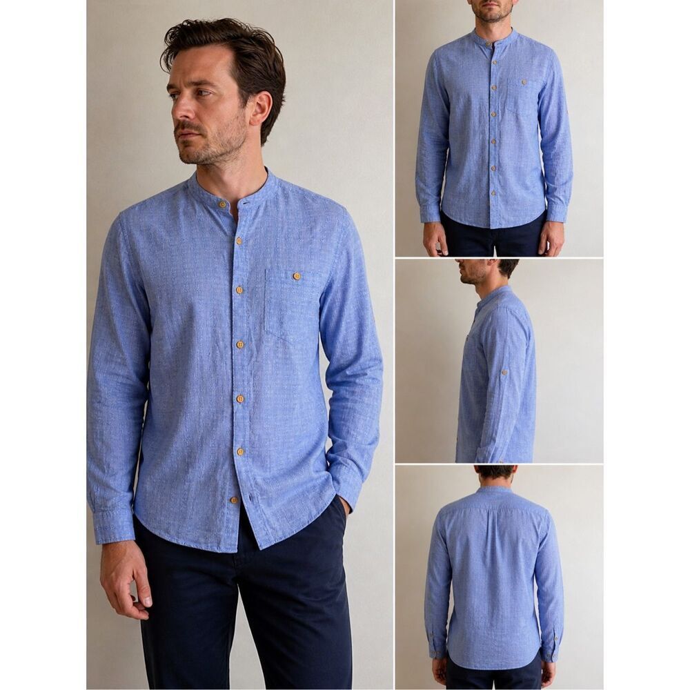 SMOG Men’s Slim Fit Blue Cotton Shirt Mandarin Collar Button Front Size M